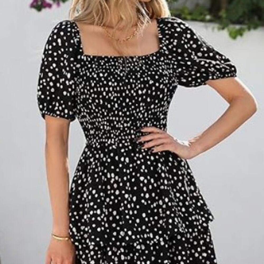 Polka Dot Smocked Maxi Dress XL Puff Sleeve Tiered Garden Party
